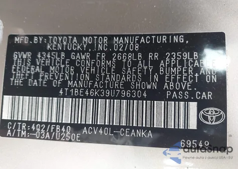 2009 Toyota Camry Le from USA, damaged, VIN 4T1BE46K39U796304